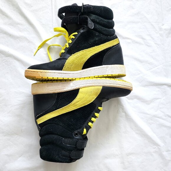 Women's PUMA Contact Sky Wedge High Top Black & Neon Yellow Sneaker Heels Size 8 - Picture 1 of 8